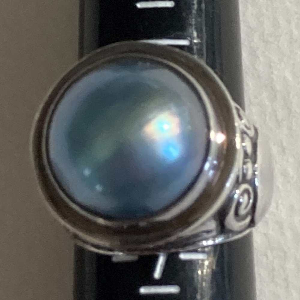 Very large dyed blue faux pearl on sterling silver filigree ring